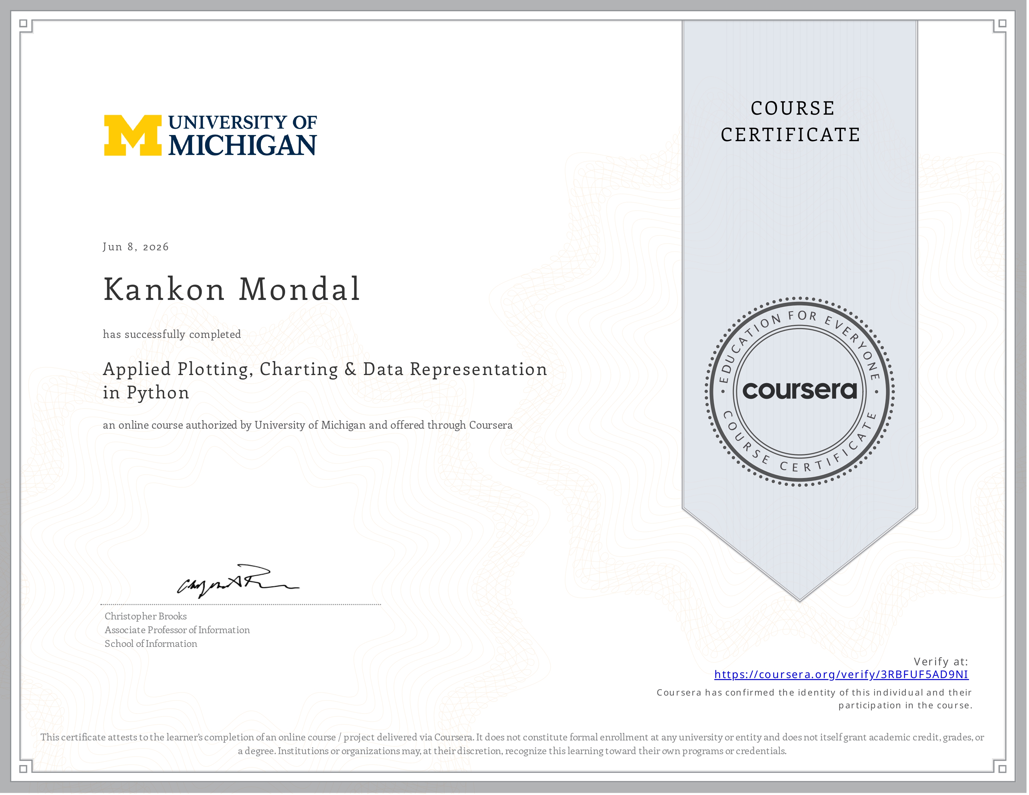 Applied Plotting, Charting & Data Representation — Verified credential issued by University of Michigan via Coursera