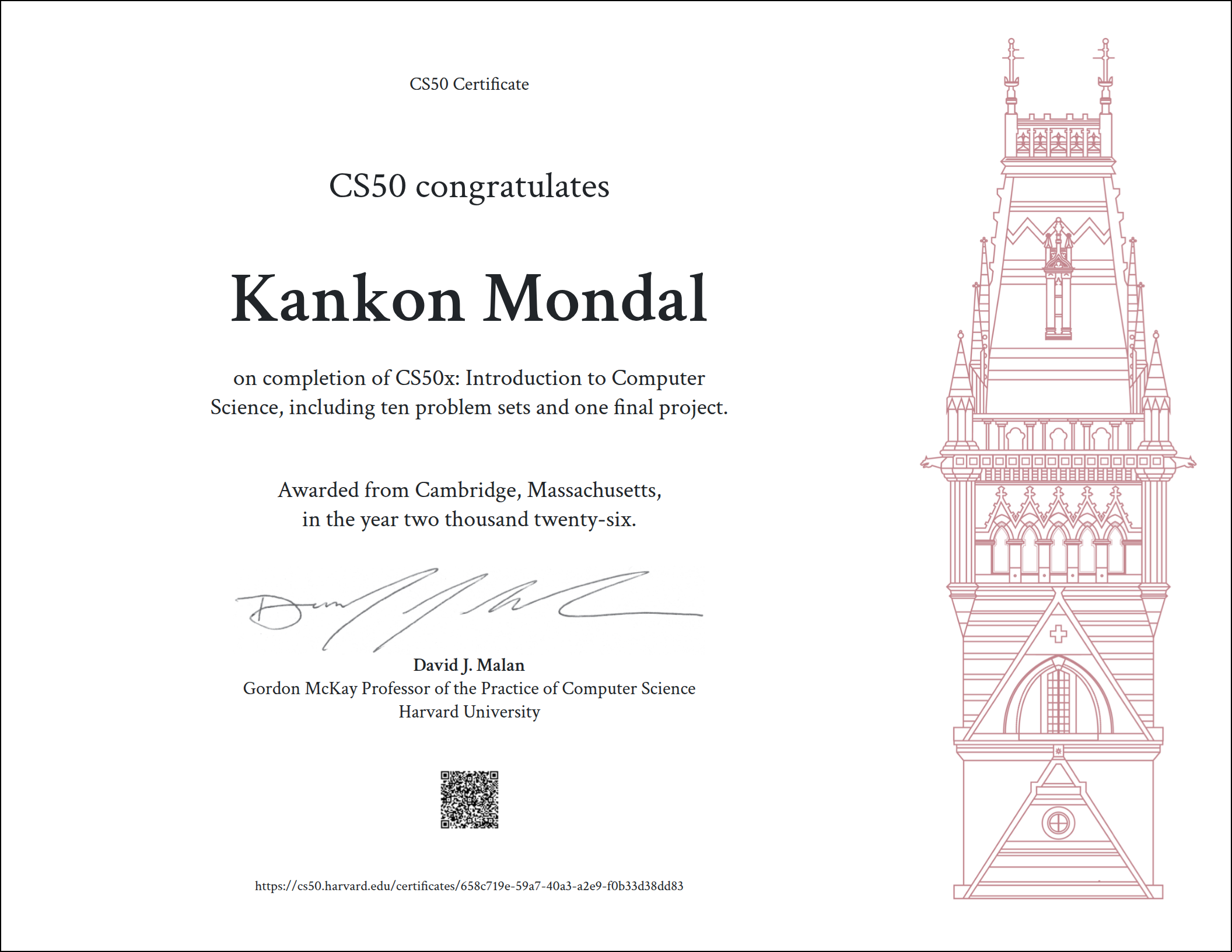 CS50x – Introduction to Computer Science — Verified credential issued by Harvard University