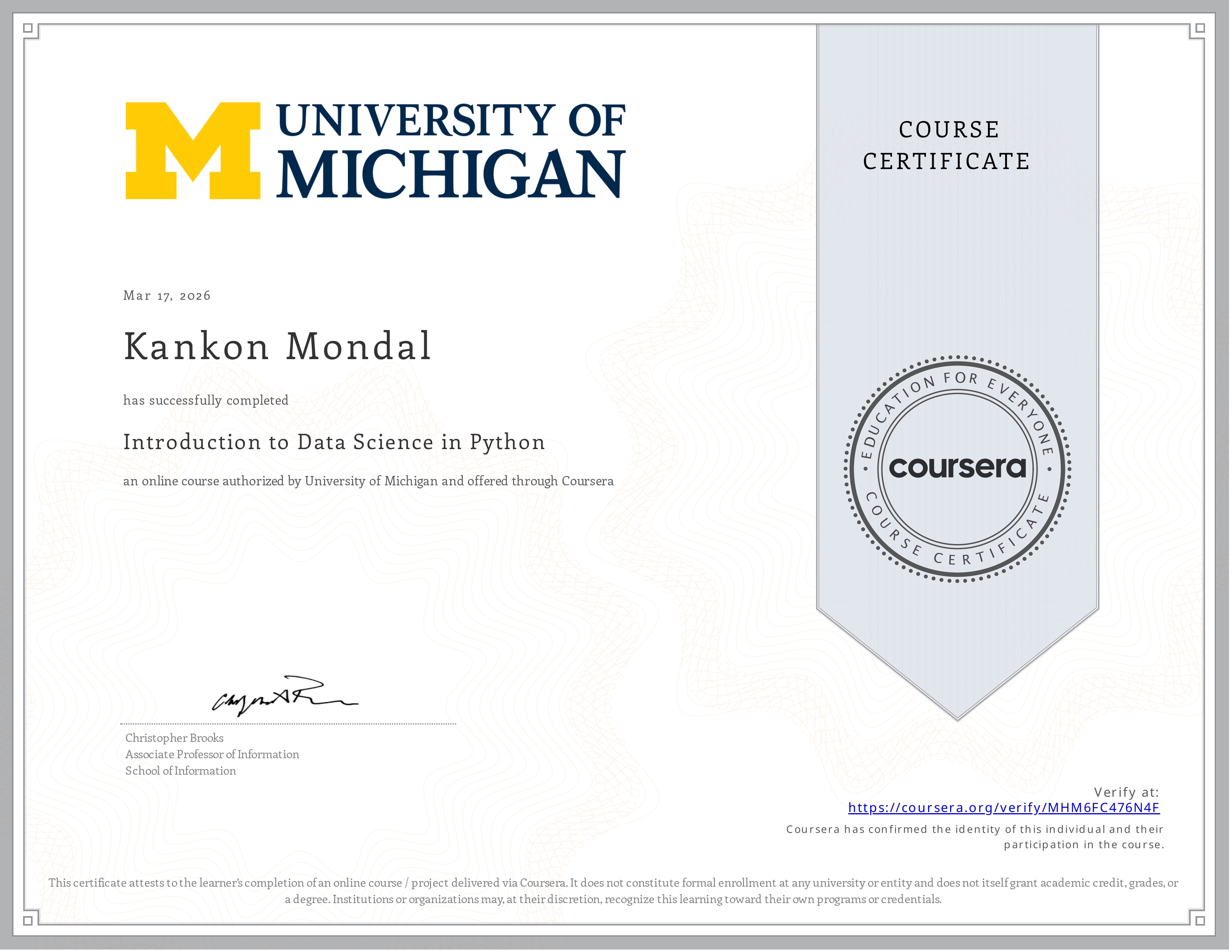Introduction to Data Science in Python — Verified credential issued by University of Michigan via Coursera