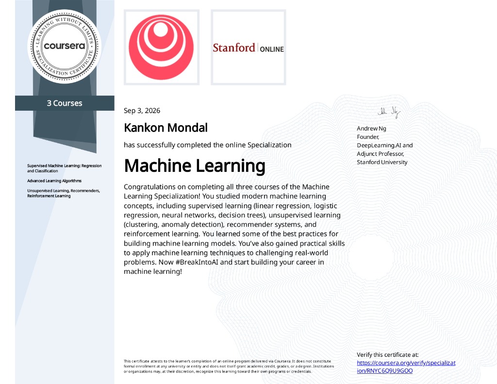 Machine Learning Specialization — Verified credential issued by DeepLearning.AI & Stanford Online