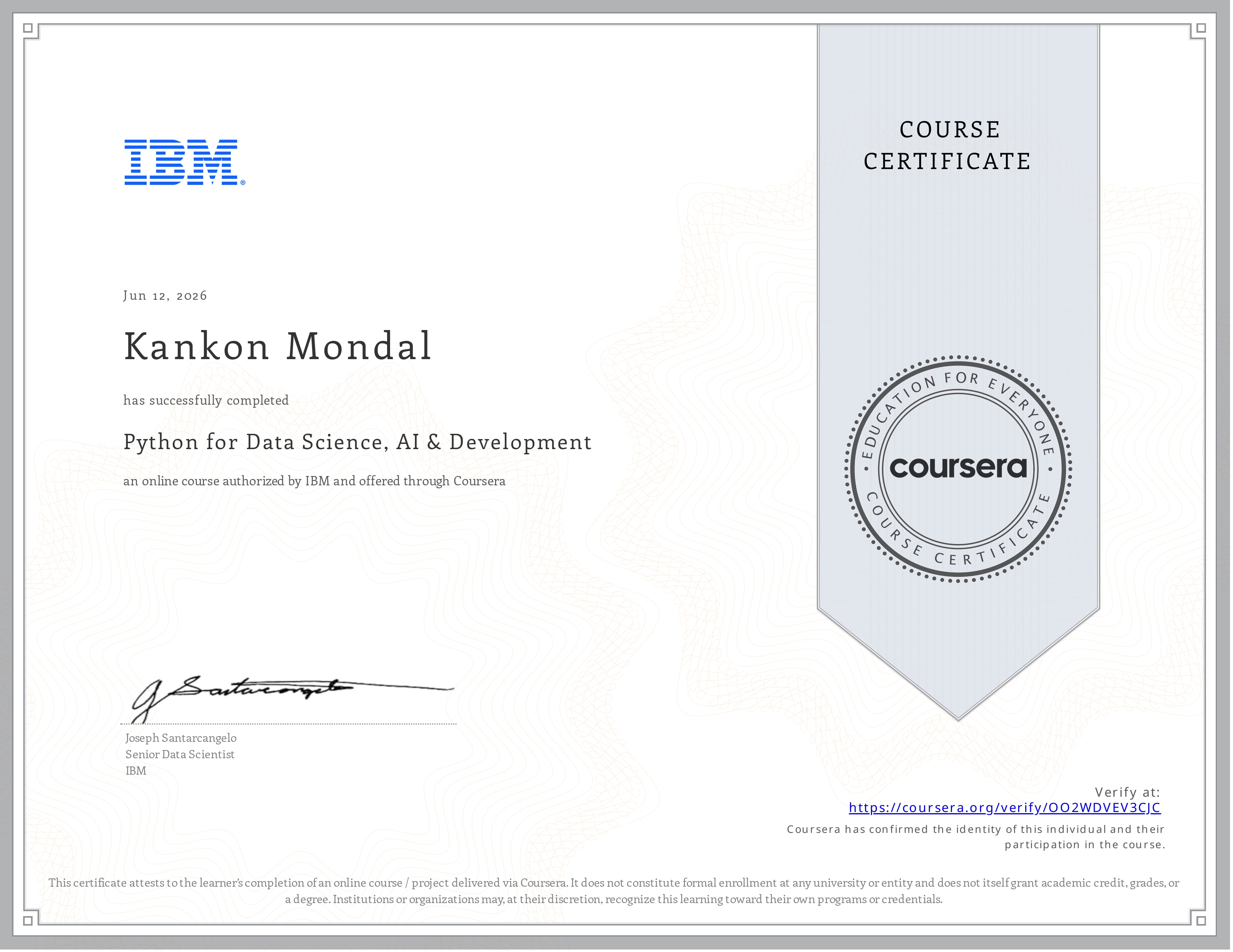 Python for Data Science, AI & Development — Verified credential issued by IBM via Coursera